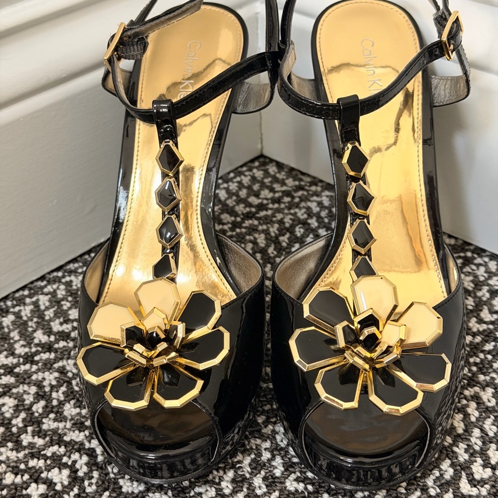 Calvin Klein Black and Gold Women's Sandals